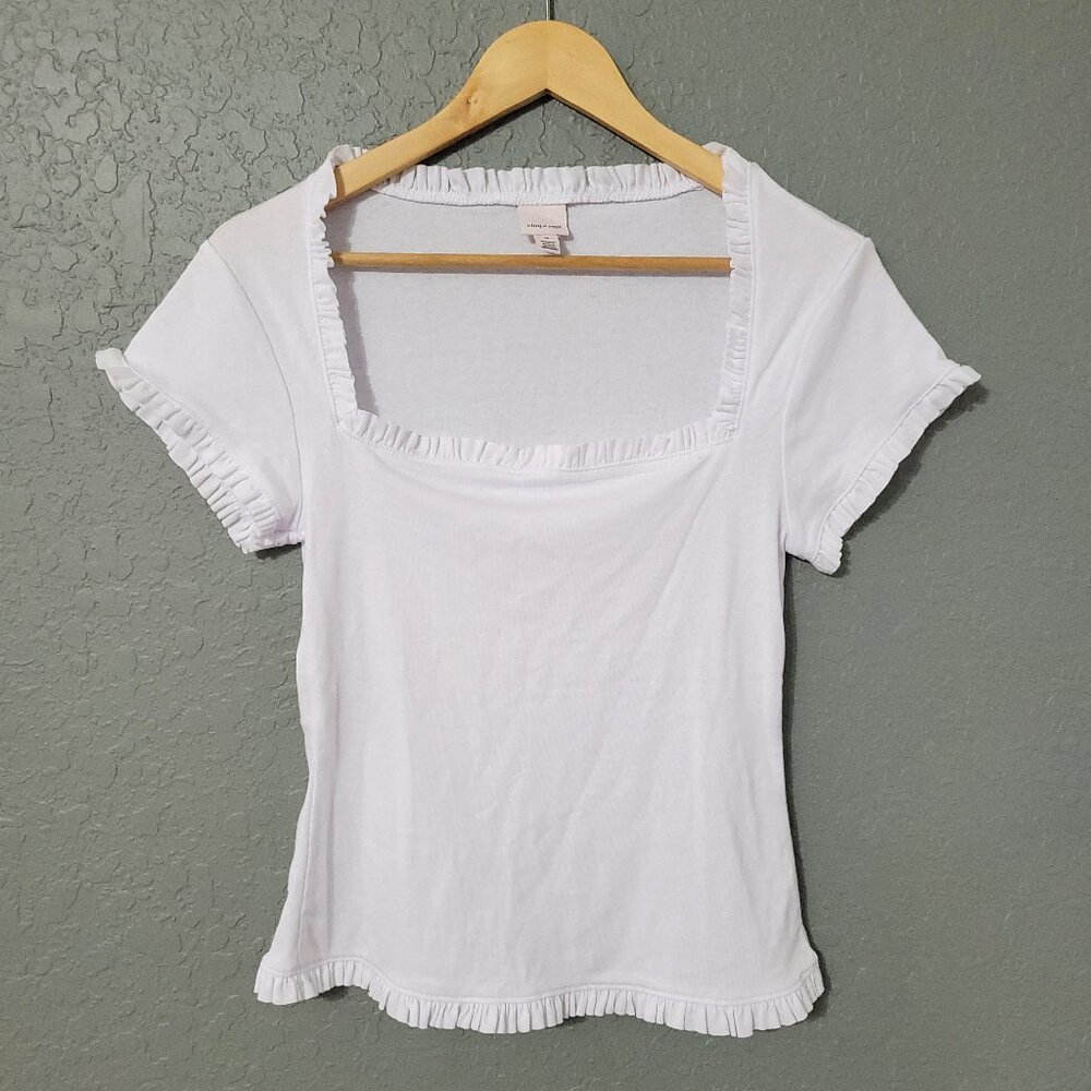 Cinq a Sept Womens Square Neck Short Sleeve Top Size M White Ruffle Regencycore